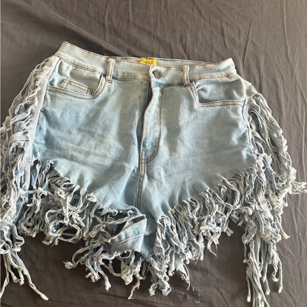 Light Blue Fringe Jean Shorts